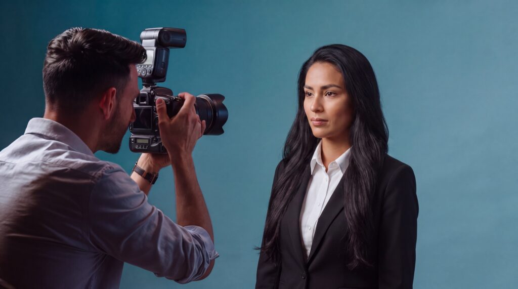 Sesión de fotografía para documento en estudio, con el fotógrafo y la luz montada