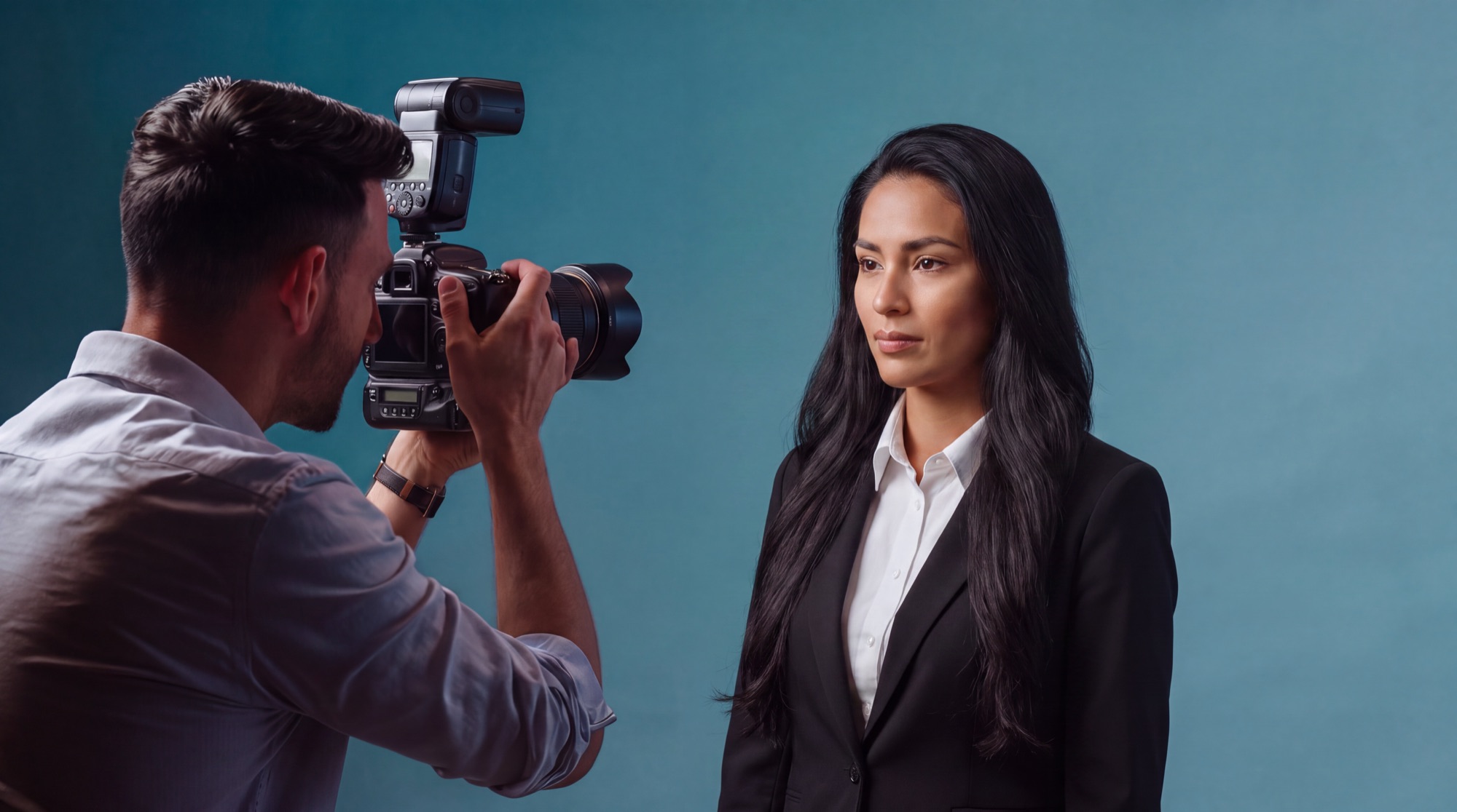Fotógrafo retratando a una persona sobre fondo azul de estudio