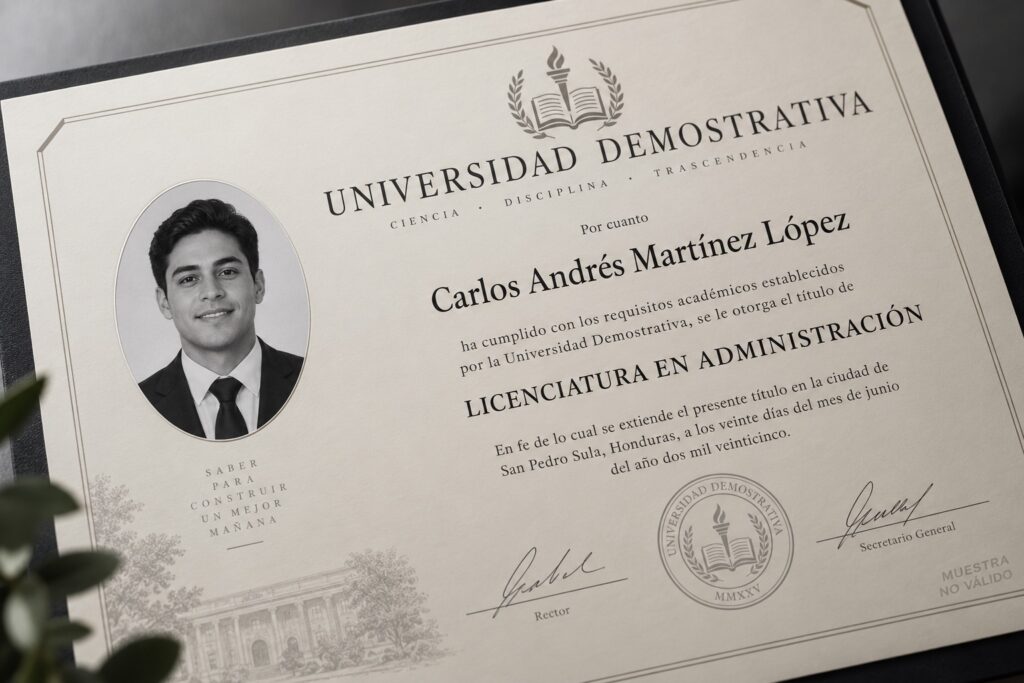 Título universitario de muestra con la fotografía ovalada en blanco y negro del graduando