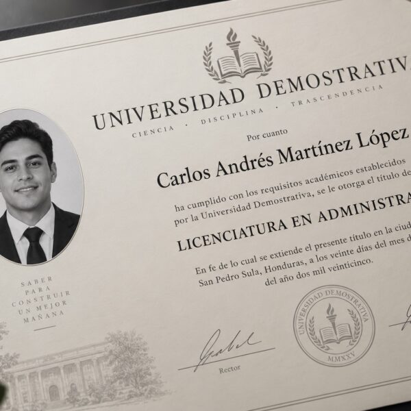 Título universitario de muestra con la fotografía ovalada en blanco y negro del graduando