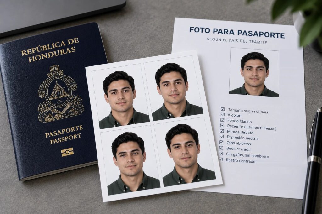 Pliego de cuatro fotografías a color para pasaporte, junto a una ficha de requisitos y un pasaporte