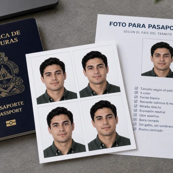 Pliego de cuatro fotografías a color para pasaporte, junto a una ficha de requisitos y un pasaporte