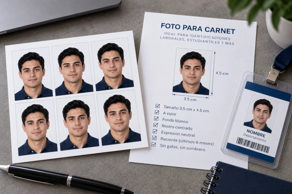 Pliego de seis fotografías tamaño carnet de 35 × 45 mm a color, junto a una ficha de requisitos y un carné de identificación