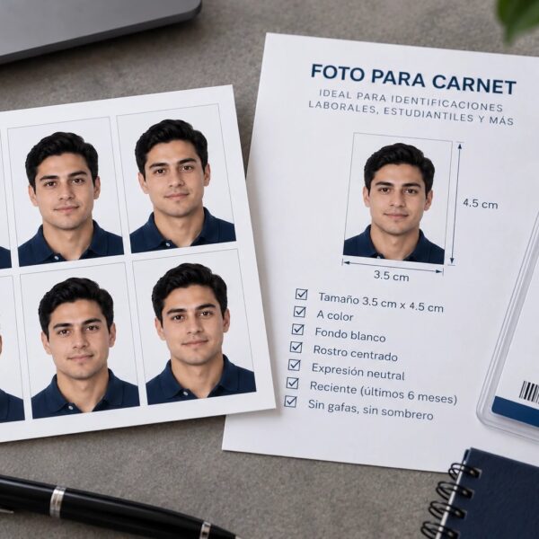 Pliego de seis fotografías tamaño carnet de 35 × 45 mm a color, junto a una ficha de requisitos y un carné de identificación