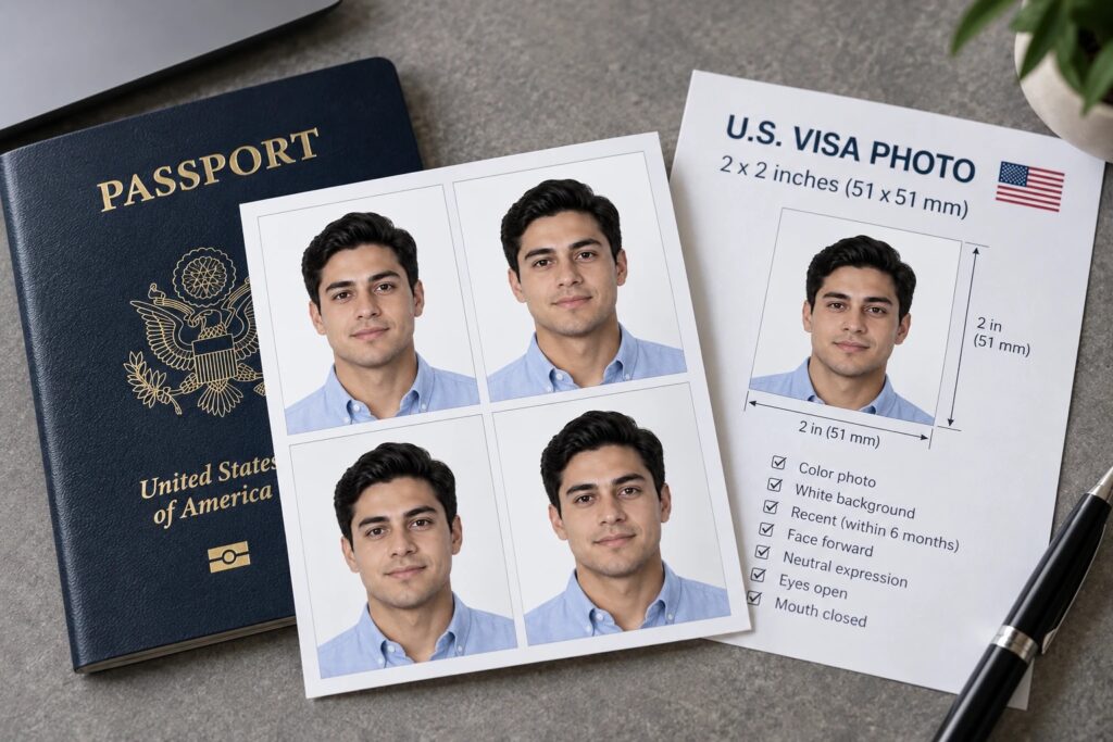 Fotos para visa americana a color de 2 × 2 pulgadas (51 × 51 mm), en pliego de cuatro, junto a un pasaporte