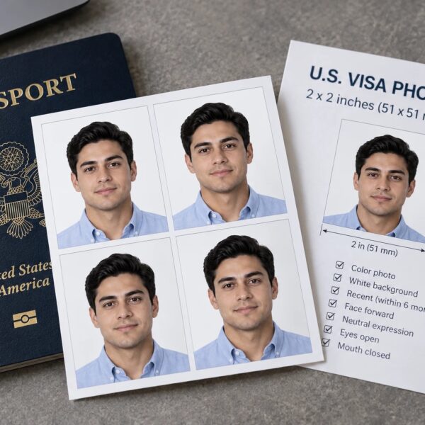Fotos para visa americana a color de 2 × 2 pulgadas (51 × 51 mm), en pliego de cuatro, junto a un pasaporte